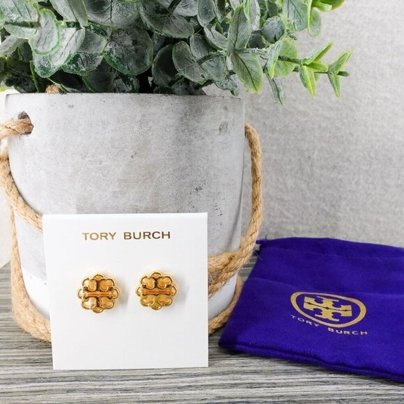 Tory Burch Gold Tone Stud Double T Logo Earrings Gold OS - Picture 2 of 12